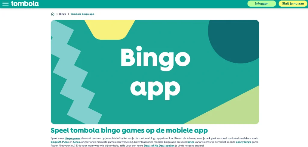 Officiële tombola app-pagina met mobiele productweergave