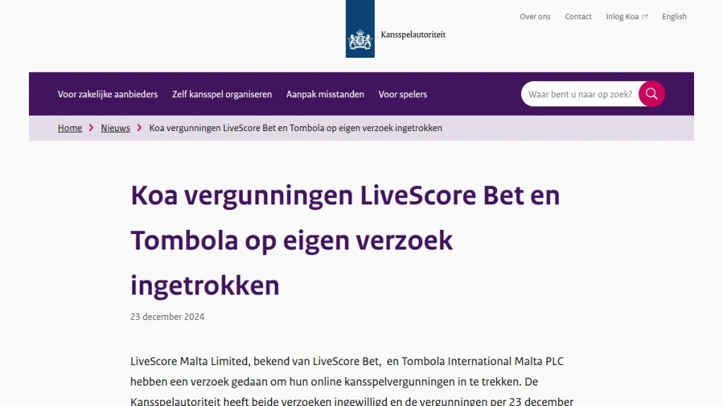 KSA-publicatie over de ingetrokken Nederlandse vergunning van tombola