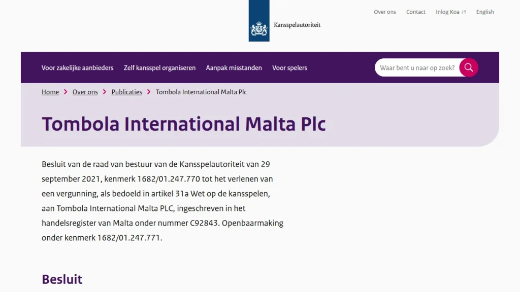 Historische KSA-besluitpagina voor de Koa-vergunning van tombola